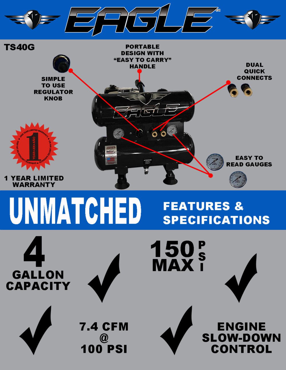 Eagle Compressor Portable Gas Twin Tanks Air Compressor 4 Gallon