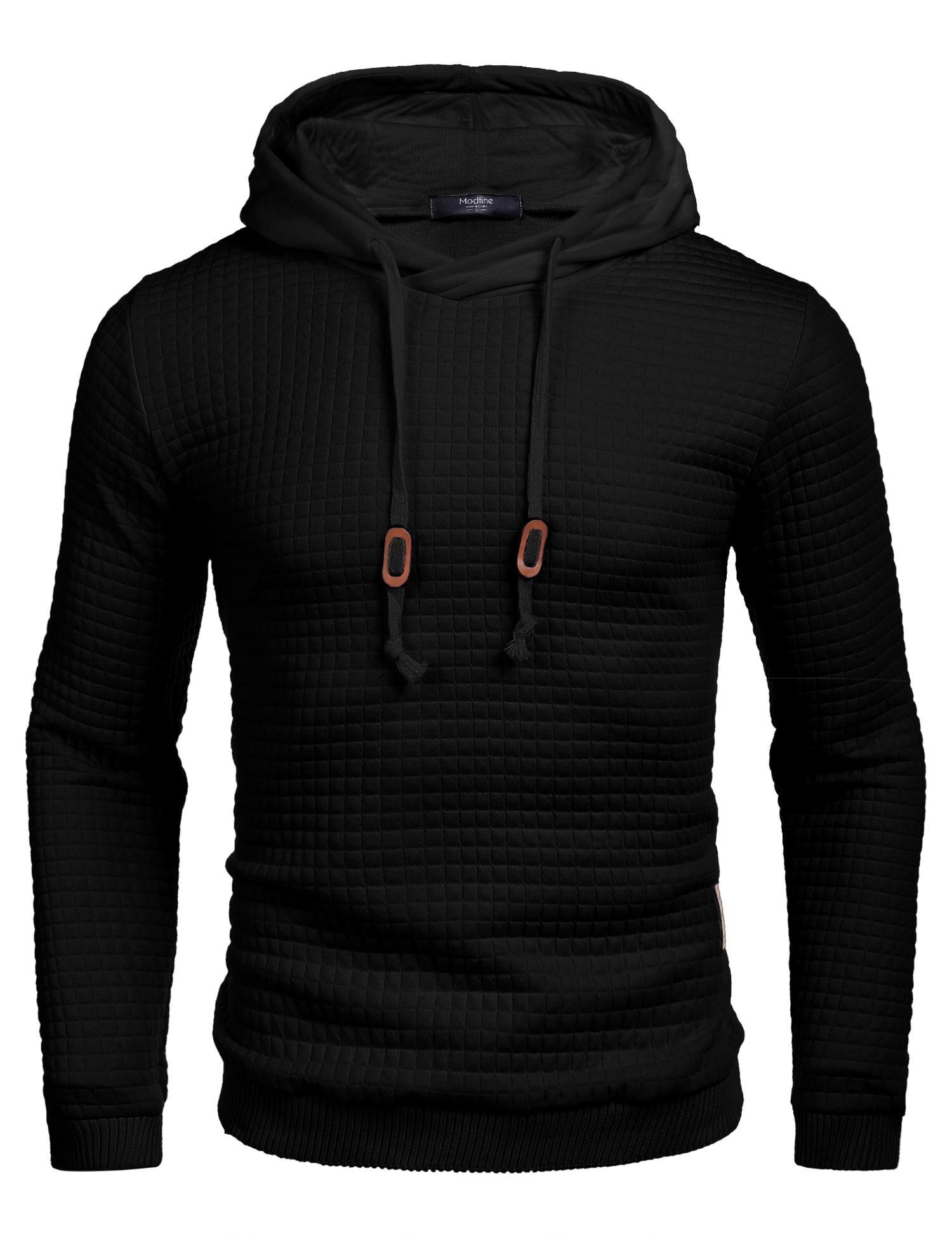 COOFANDY Mens Long Sleeve Drawstring Plaid Jacquard Hooded Sweatshirt, White, Large