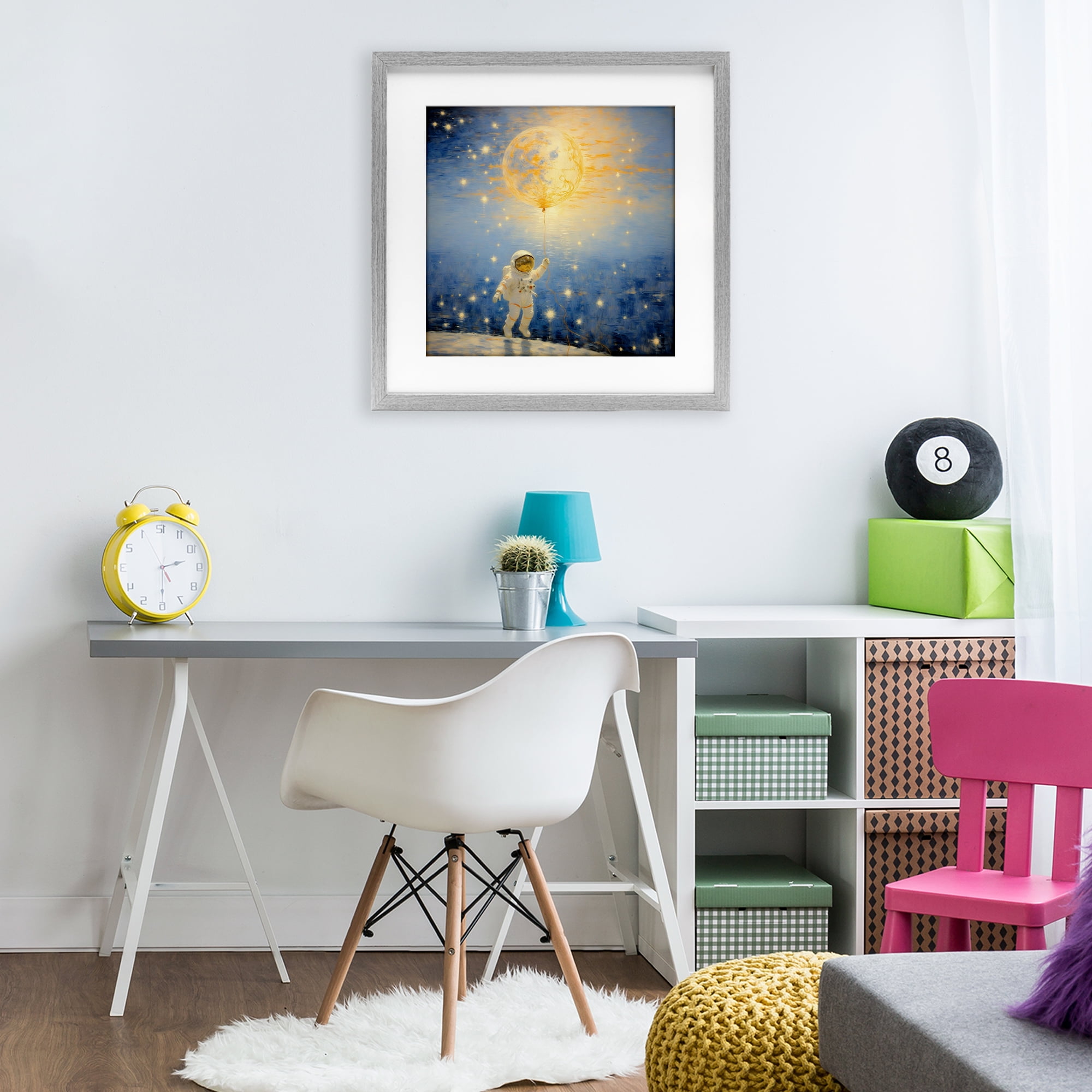 Astronaut with Dreamy Cosmic Balloon Gray Framed Print Under Glass, design by Angie Hawke