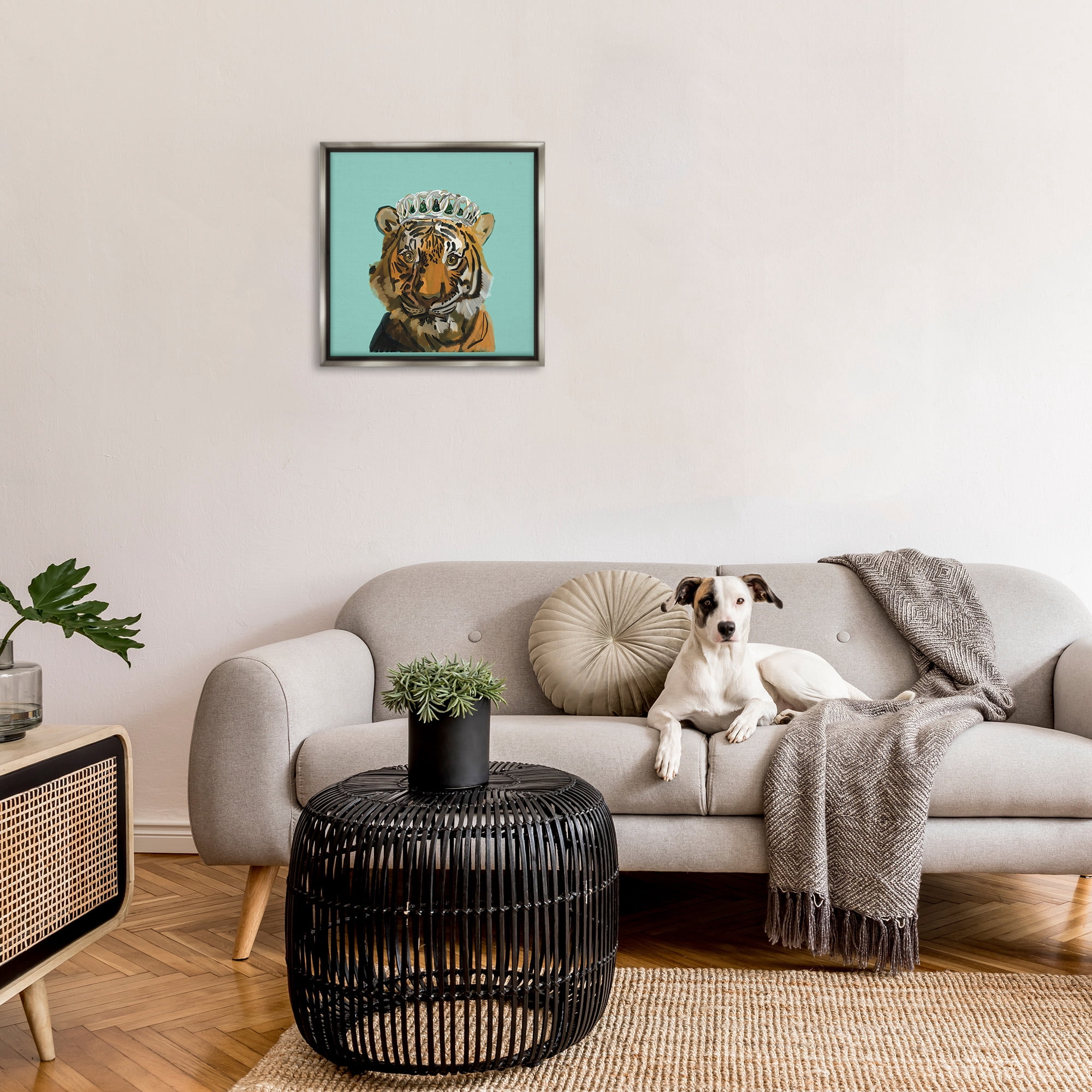Stupell Industries Tiger Wearing Crown Animals & Insects Painting Gray Floater Framed Canvas Art Print Wall Art, 25 x 25