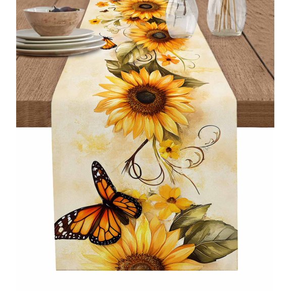 Ldtrchee Sunflower Table Runner 48 Inches, Butterfly Spring Floral Retro Bed Runner Dresser Scarves Tabletop for Indoor Outdoor Parties/Ceremony/Banquet, 13" x 48"