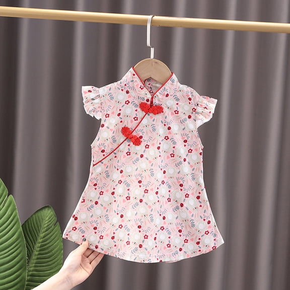 JIAYUE Kids Girls New Year Dresses Embroidered Short Sleeve Drop Shoulder Collared Mid Length Qipao Cheongsam Evening Gown For Child Breathable Vacation Wearing
