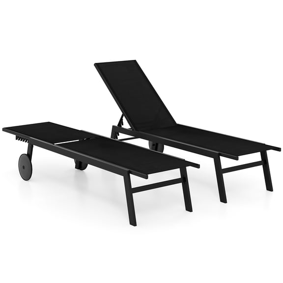 Gymax 2PCS Patio Chaise Lounge w/Wheels Adjustable 6-Position Backrest Breathable Seat Outdoor Black