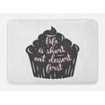 thumbnail image 1 of Eat Dessert First Bath Mat, Cursive Typography on Cupcake Silhouette with Dots, Plush Bathroom Decor Mat with Non Slip Backing, 29.5" X 17.5", Charcoal Grey and Rose, by Ambesonne, 1 of 2