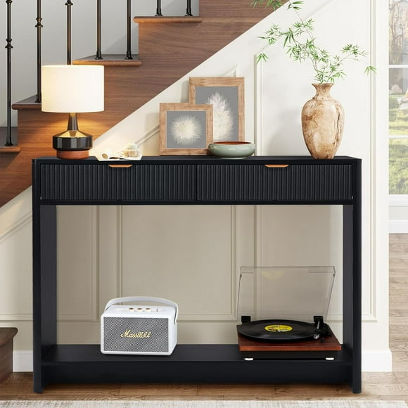 WIRRYTOR Table Console avec Rangement, Table de Canapé Moderne pour Salon, Table de Canapé Étroite avec 2 Tiroirs en Bois et Tablette de Rangement Ouverte, Noir