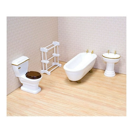 - Melissa & Doug Classic Wooden Dollhouse Bathroom Furniture (4 pcs) - Tub, Sink, Toilet, Towel Rack
