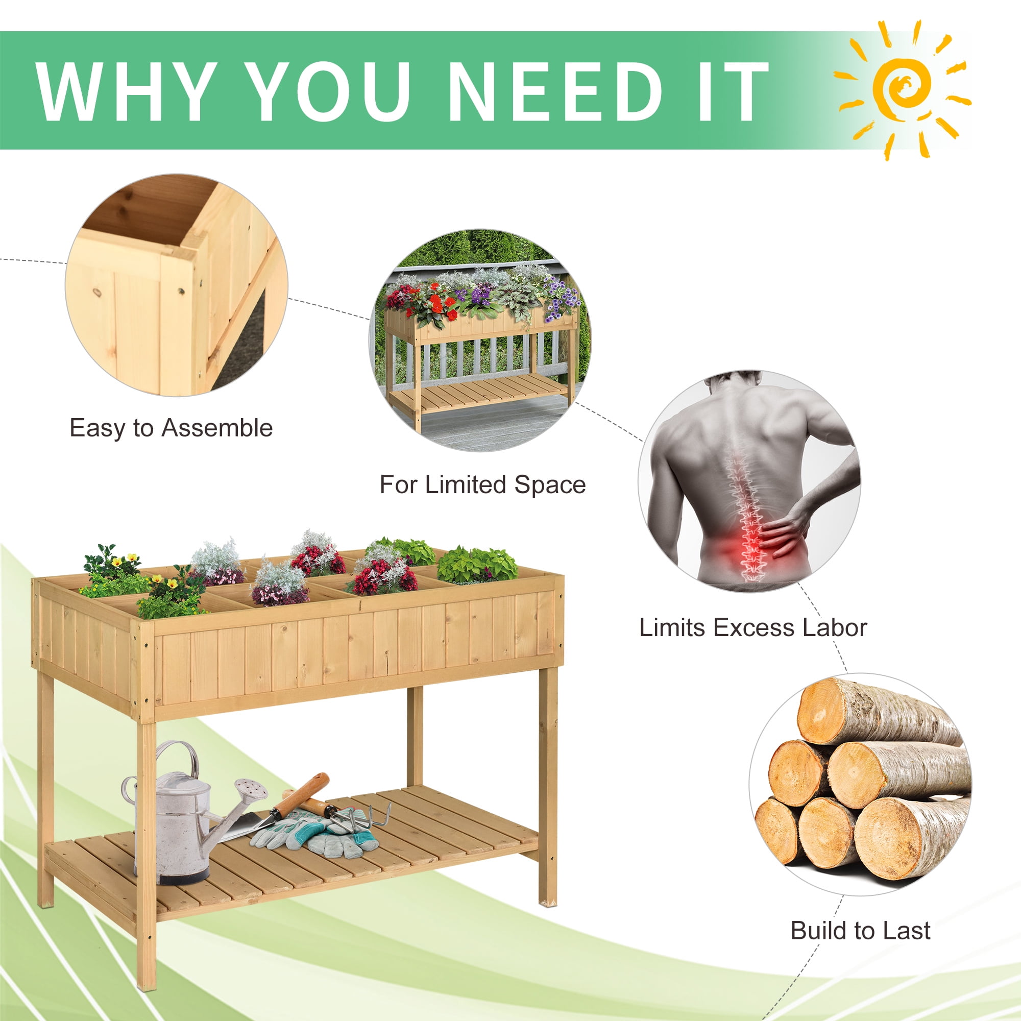 Raised Garden Bed with 8 Pockets and Shelf, Wooden Elevated Planter Box with Legs to Grow Herbs, Vegetables, and Flowers, Natural 43x18x30"
