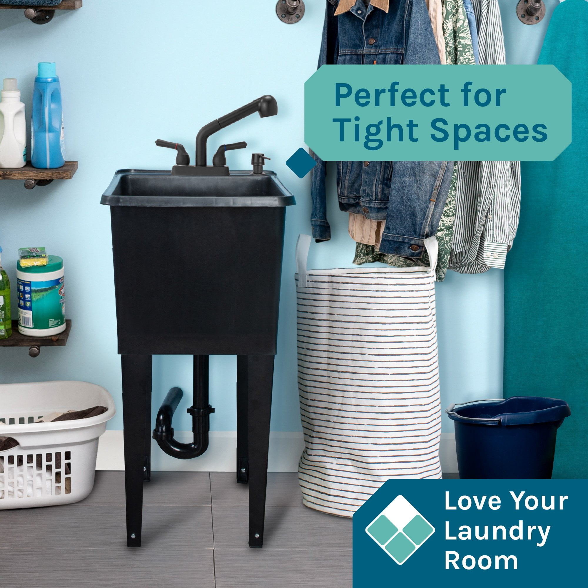 TEHILA Black Freestanding Floor Mount Space Saver Utility Sink with Black Faucet for Laundry Room