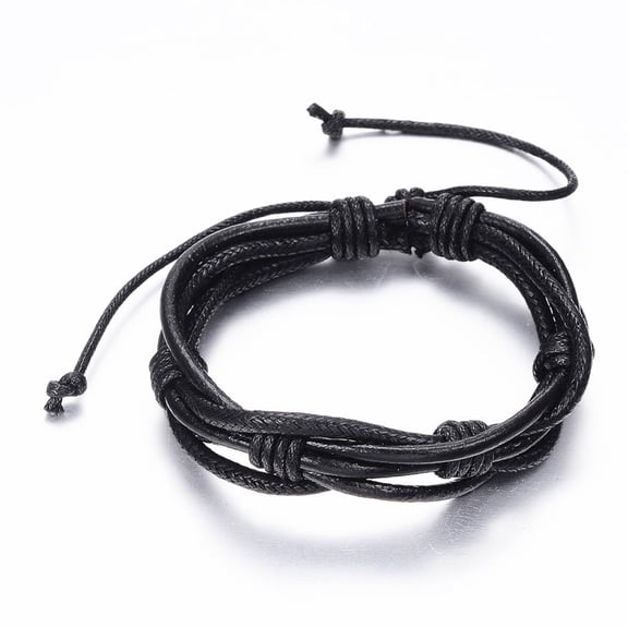 10pcs Adjustable Cowhide Leather and Waxed Cord Multi-Strand Bracelets Black 2-1/8 inch~3-1/8 inch(55~80mm)