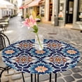 thumbnail image 6 of Orange Blue Round Tablecloth for 45-54 Inch Tables,Fitted Table Cover with Elastic Edge,Morocco Boho Abstract Floral Ethnic Tribal Waterproof Outdoor Table Cloth Protector for Patio Garden Dinner, 6 of 9