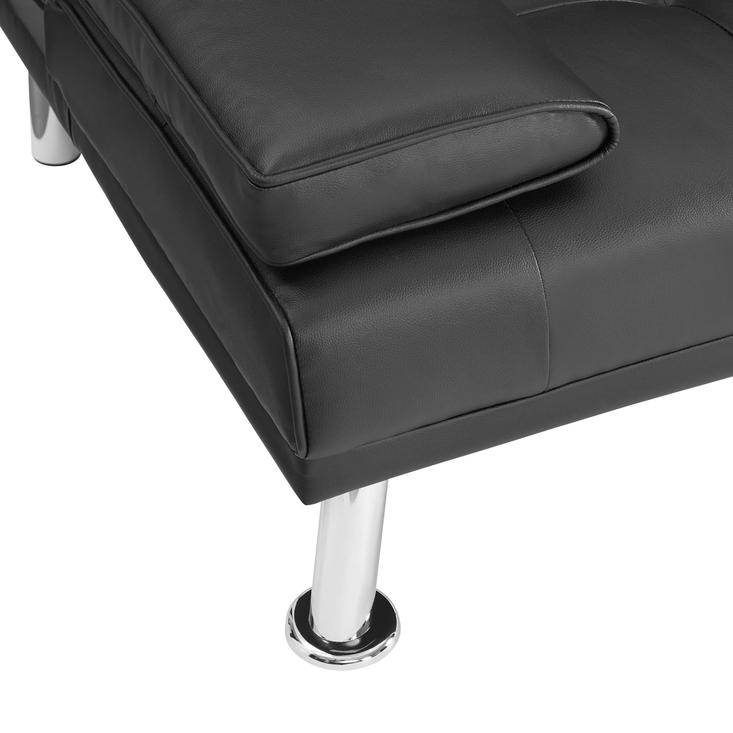 Futon Sofa Bed, Faux Leather Futon Couch with Armrest and 2 Cupholders, Pull Out Sofa Bed Couch Convertible with Metal Legs, Folding, Reclining Small Couch Bed, Futon Bed for Living Room - Black