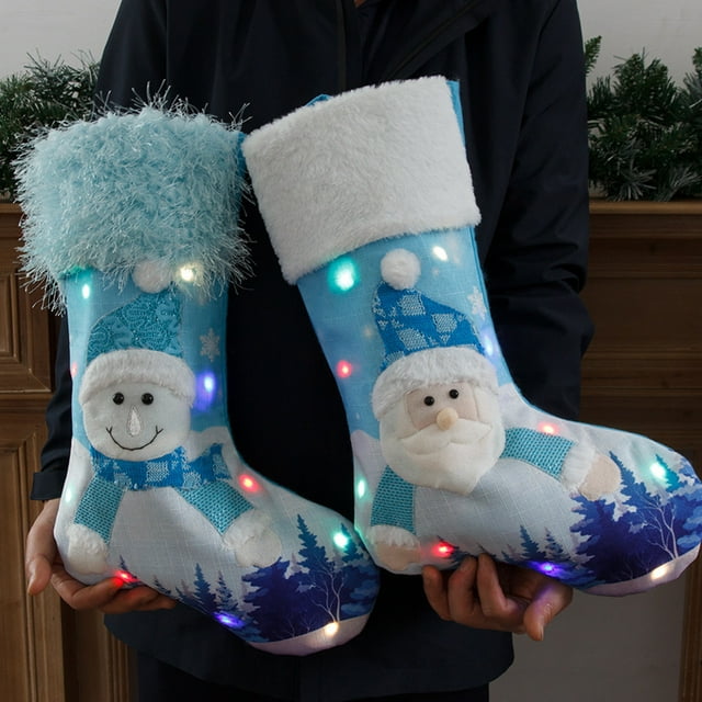Fiudx Liquidación De Decoración Del Hogar Por Menos De $5 La Navidad Bordada De Lino Azul Única De La Media Con Las Luces, Bolso Del Regalo Enciende La Navidad Liquidación De Ahorros De Verano