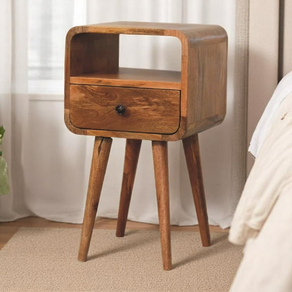 Wooden Nightstands Solid Wood Mini Oak-ish Curve Open nightstand, Nordic Legs, 1-Drawer,Bedside Nightstands