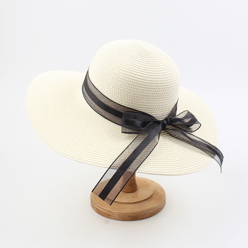 Women Summer Beach Straw Sun Hat Wide Brim Panama Foldable Cap Vintage Bow Hat