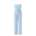 thumbnail image 6 of LEKODE Women Strapless Feather Tube Top Jumpsuit, Belted Straight Long Pant Romper for Holiday Cocktail Gathering Activities womens summer outfits Blue 2XL, 6 of 9