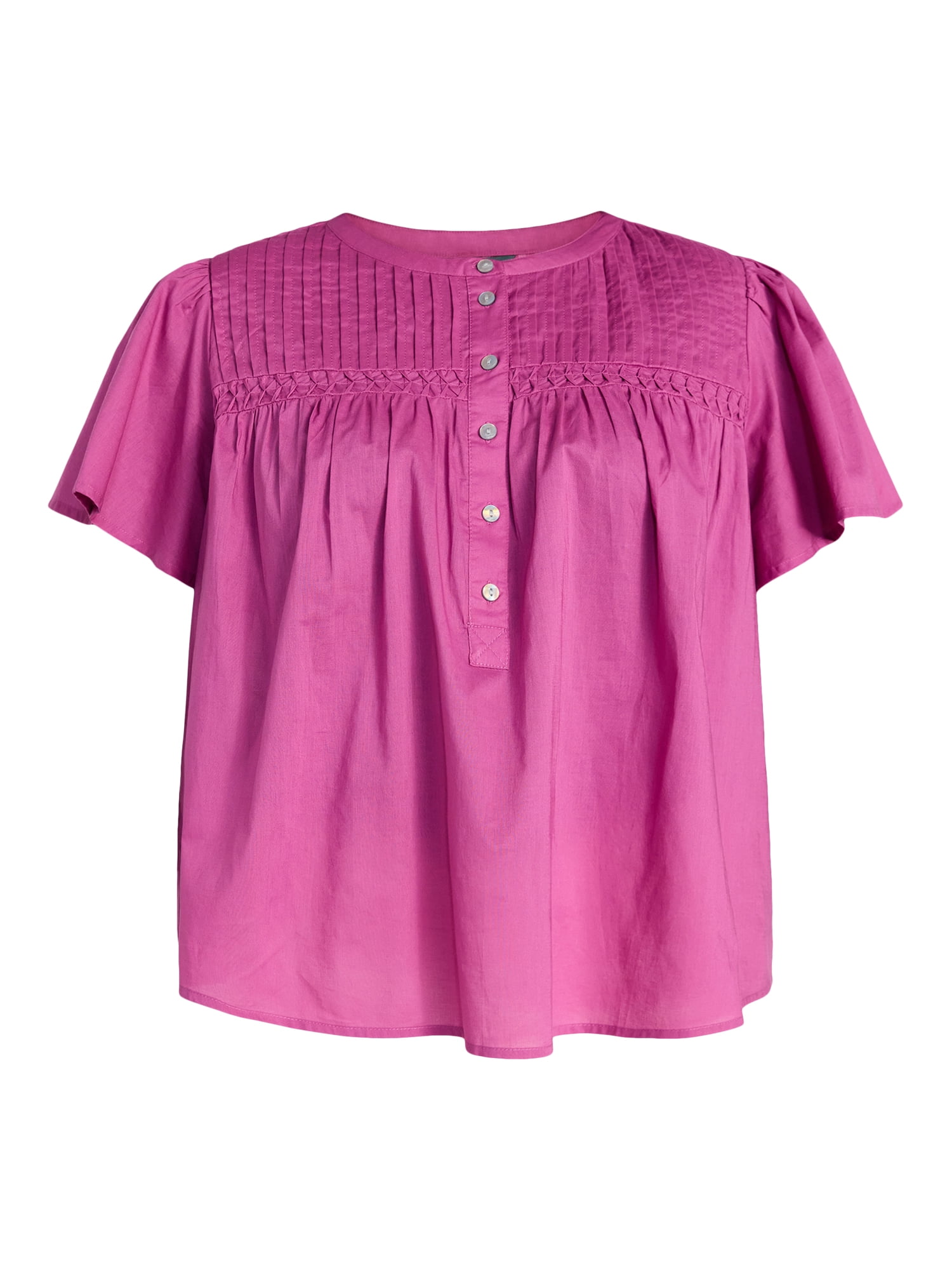 Terra & Sky Women’s Pleated Yoke Top with Short Flutter Sleeves, Sizes 0X-5X
