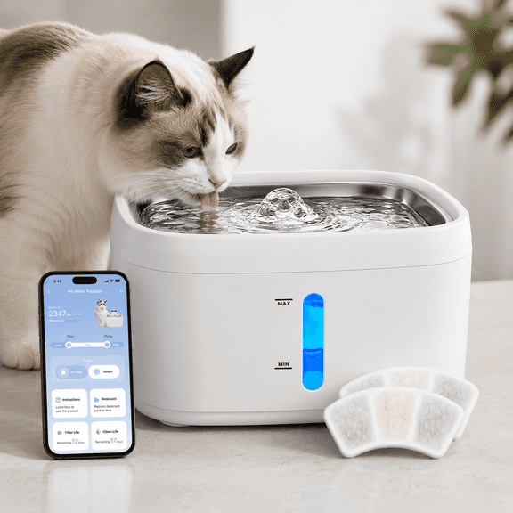 Upgrade Cat Water Fountain with Stainless Steel Tray,Automatic Cat Fountains for Drinking, App-Controlled Pet Water Fountain for Dogs, 2.4G/5G WiFi Cat Water Dispenser