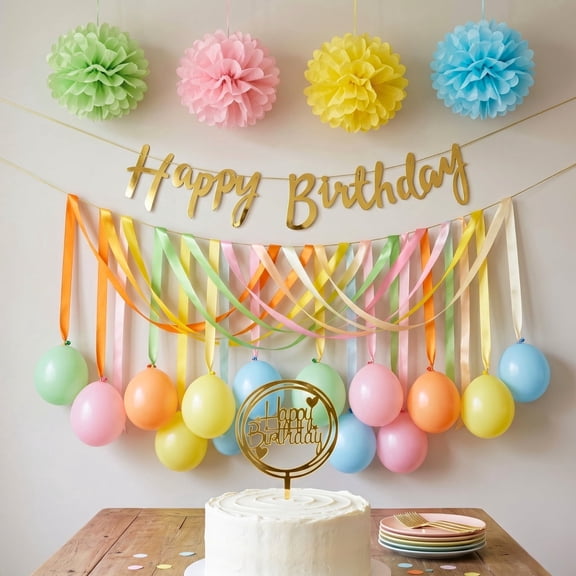 Pastel Party Decoration Kit 32 pcs with Satin Ribbons, Happy Birthday Banner, Pom Poms, Balloons, and Cake Topper