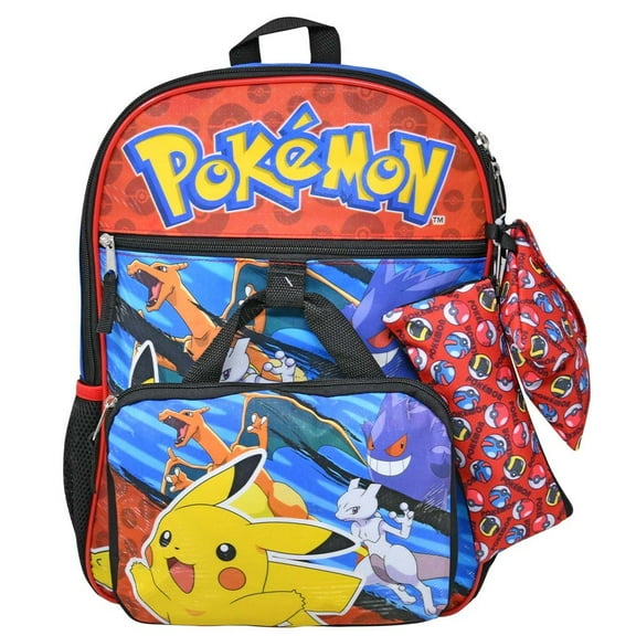 Pokemon 5pc 16" Backpack Set Keychain, Utility Case, 2 Zipper pouches