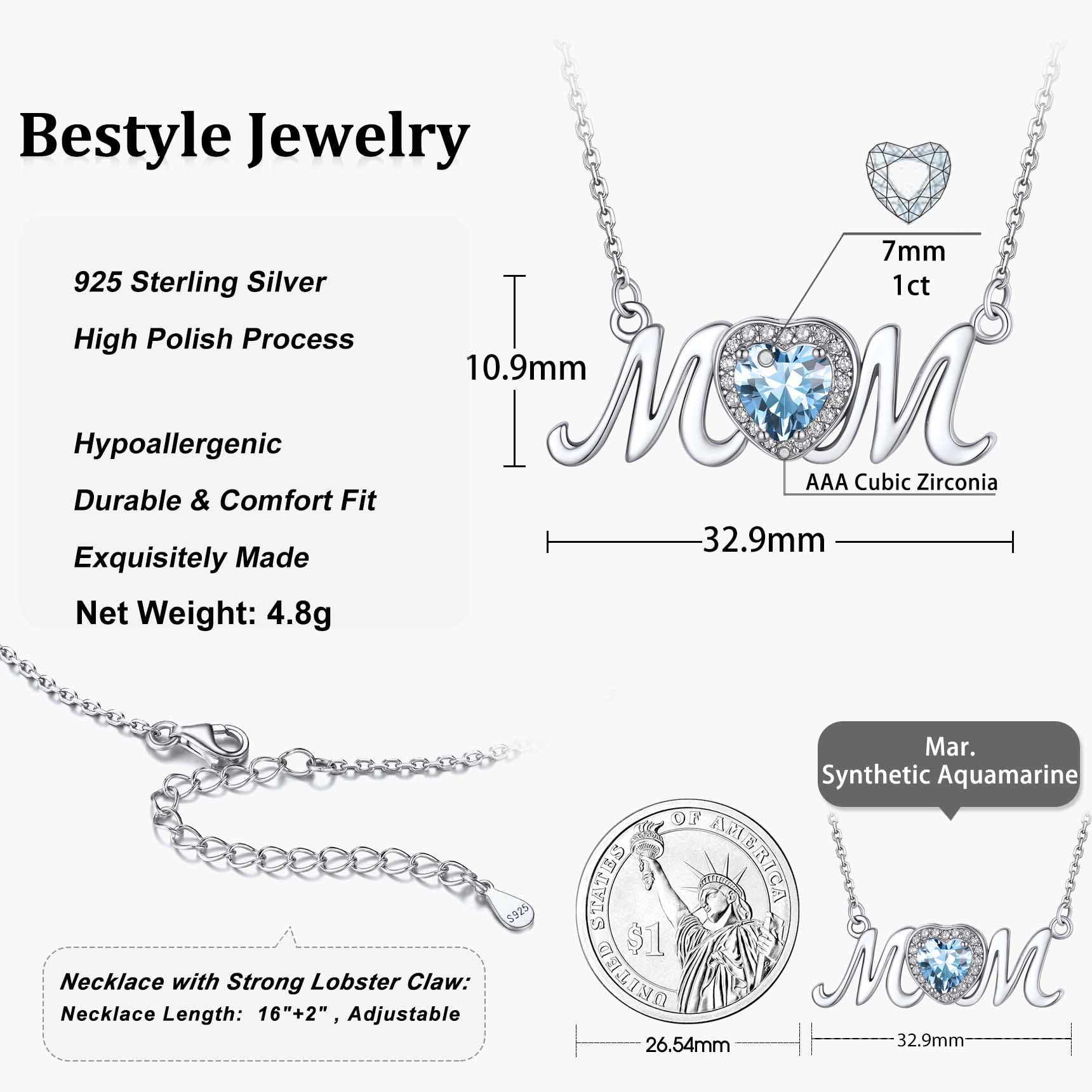 Bestyle Pure S925 Sterling Silver Necklace for Mom Grandma Shiny CZ Heart Pendant Necklace March Created Aquamarine Birthstone Jewelry Mother's Day Gifts