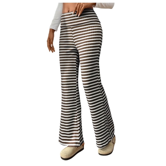 GEWSEY Women's Stacked Fuzzy Pants High Waist Black and White Striped Bell Bottoms Street Casual Sweatpants (Coffee, XL)