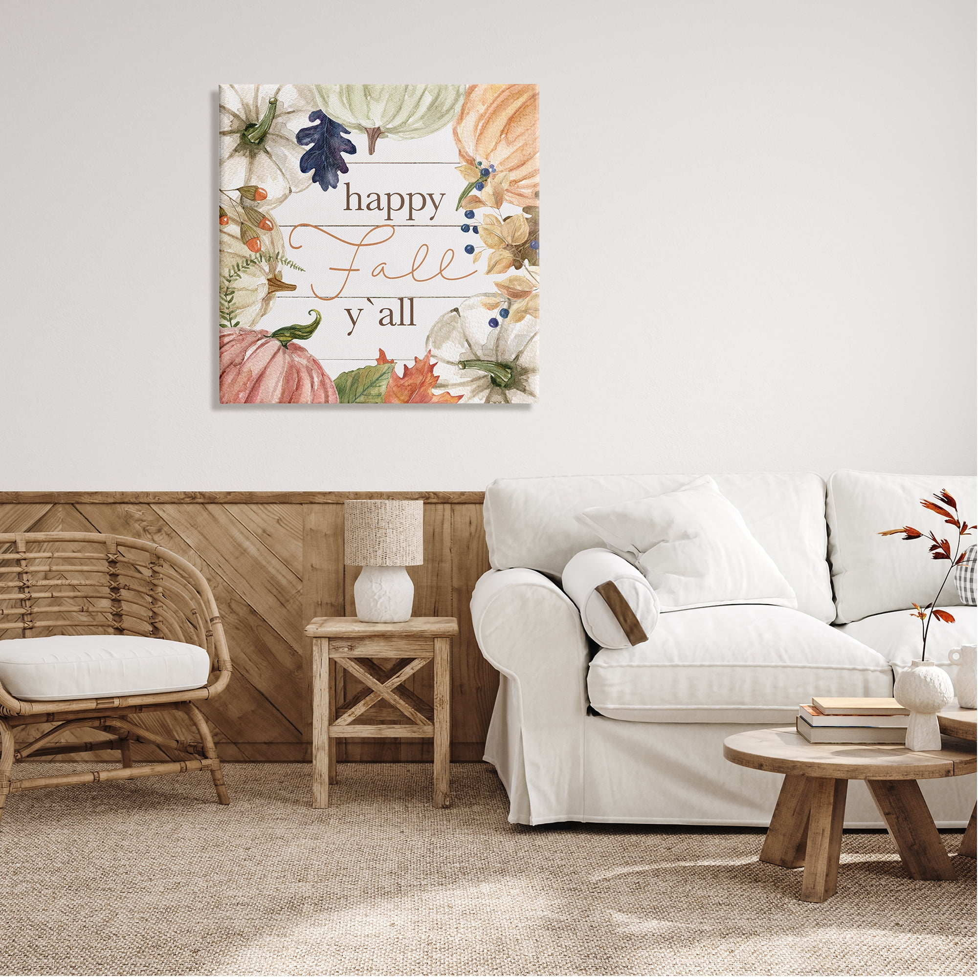 Stupell Industries Happy Fall Y'all Phrase Holiday Painting Gallery Wrapped Canvas Print Wall Art, 30 x 30