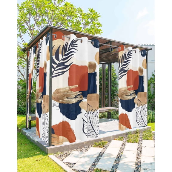 Boho Outdoor Curtains for Patio, Middle Century Leaves Minimalist Abstract Bohemia Privacy Drapes Grommet Waterproof Outside Curtains for Porch/Cabana/Balcony 54"x 84", 2 Panel