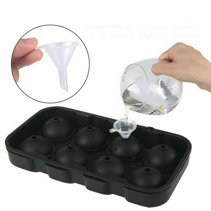 Black Round Silicon Ice Cube Ball Maker Tray 8 Large Sphere Molds Bar w/ Funnel 