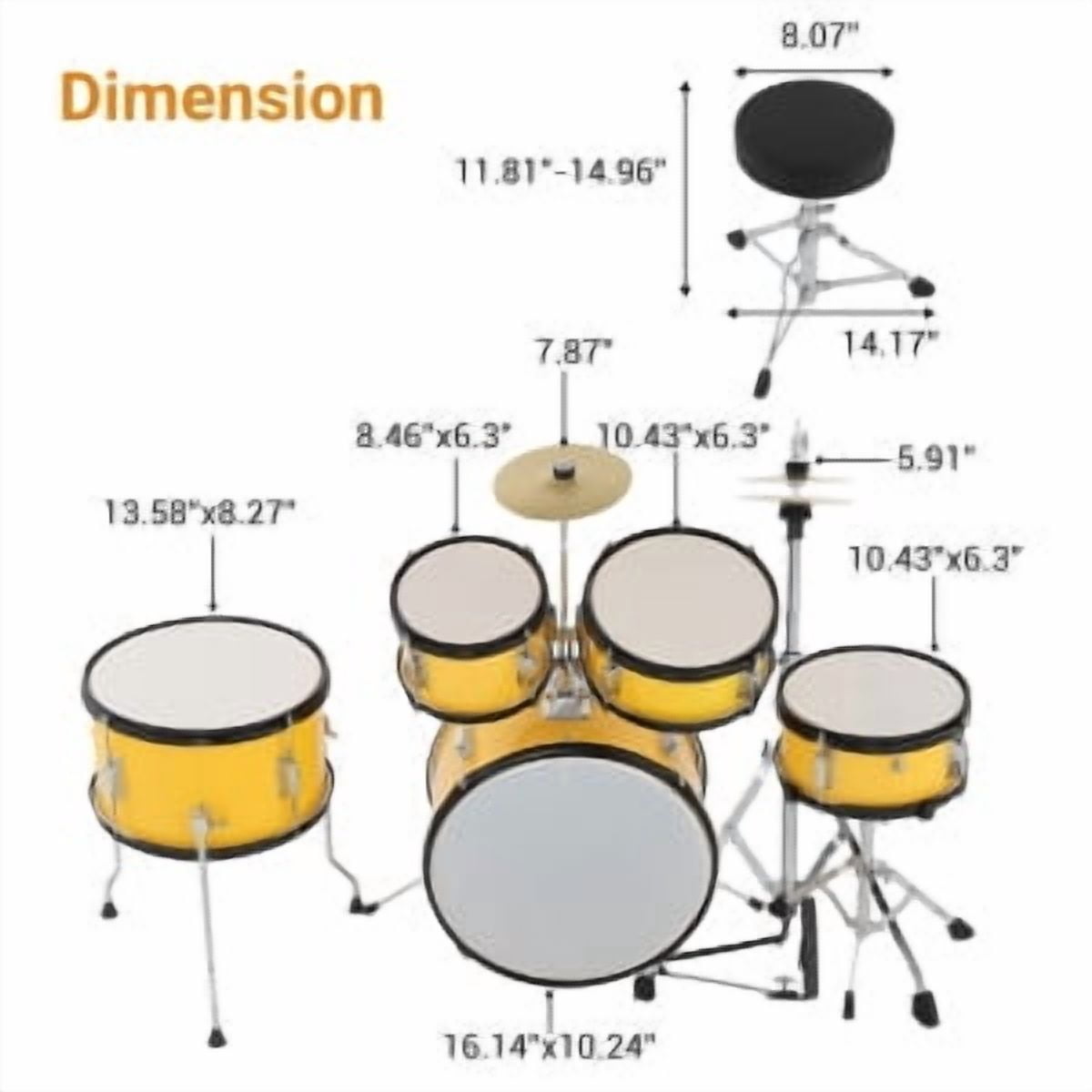 Huisuilinss 5-Piece Junior Drums Set,Beginners Drum Kit with Throne Stool, Pedal & Drumsticks, Kids Drums Musical Instruments W/Cymbal, Hi-Hat, Floor, Tom
