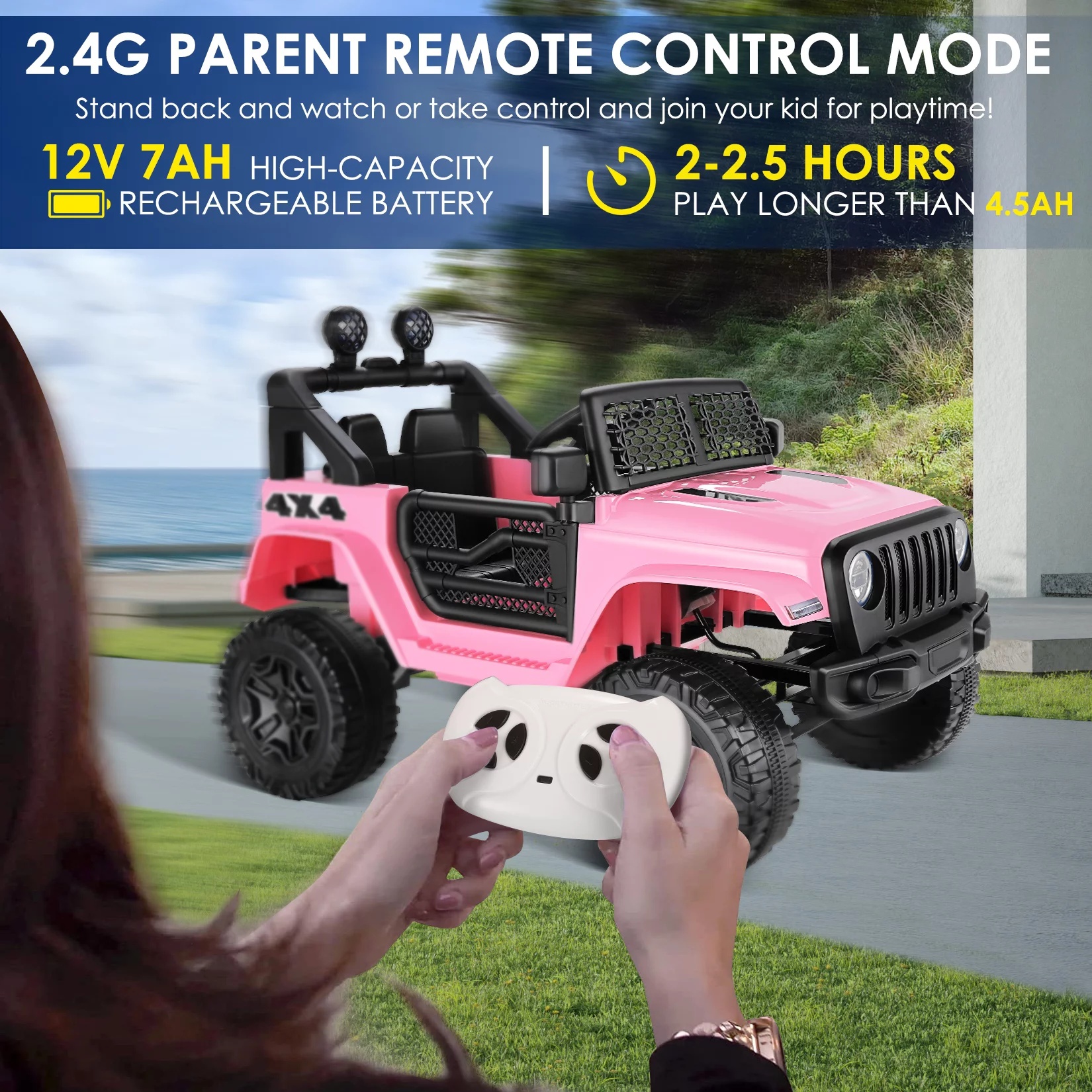Funcid 12V 7AH Kids Powered Ride on Truck Car with Parent Remote Control, Bluetooth Music, Spring Suspension, LED Lights - Pink