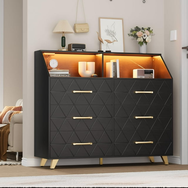 EDTara 6 Drawer Dresser with LED Lights & Charging Station, Wooden Black Dresser for Bedroom, Modern TV Stand Dressers & Chests of Drawers for Closet, Hallway, Entryway