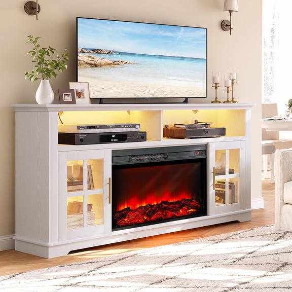 UHOMEPRO 63 Inch Electric Fireplace TV Stand for TVs up to 70 Inch, Fireplace Entertainment Center with 30 Inch Fireplace, LED Lights, Modern TV Console Table for Living Room, White