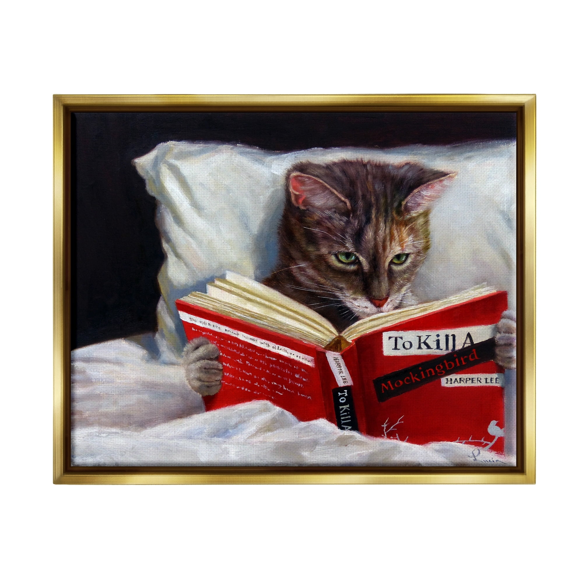 Stupell Industries Cat Reading a Book in Bed Funny Painting Metallic Gold Framed Floating Canvas Wall Art, 24x30, by Lucia Heffernan
