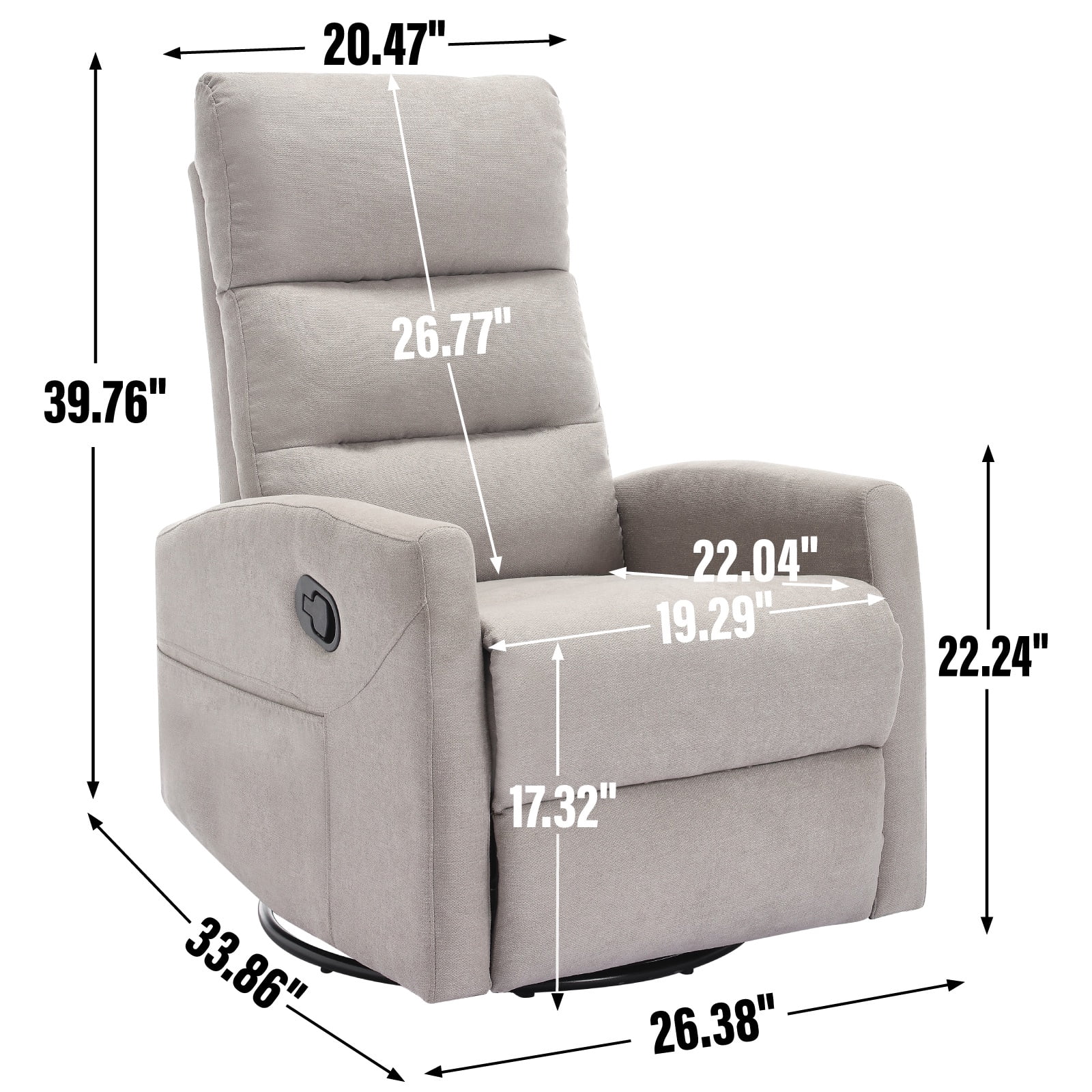 360°Swivel Rocker Recliner, PAPROOS Small Rocking Recliner Chair, Home Theater Recliner with 2 Side Pockets, Nursery Glider Recliner, Manual Recliner for Adults for Living Room,   Light Gray