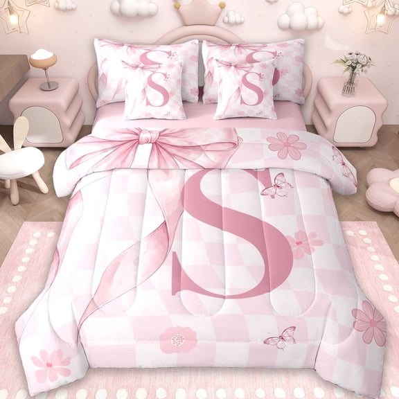 Erosebridal Girl Personalized Gifts 7-Piece Twin Bedding Sets,Alphabet S Bedding Comforter Set For Kids,Reversible pink