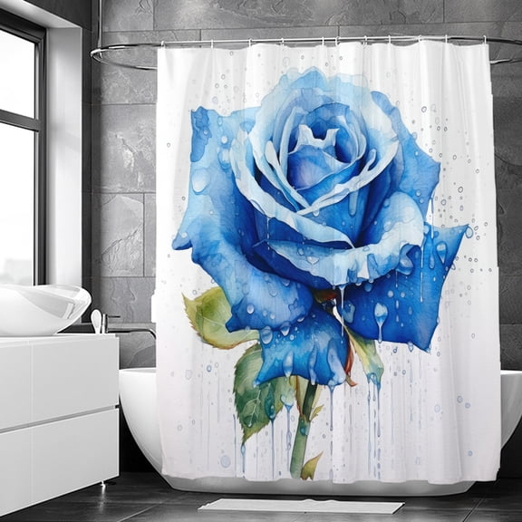 Blue Watercolor Rose Flowers Bathroom Curtain Fabric Flower Waterproof Shower Cu