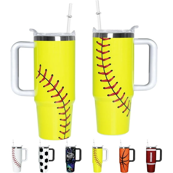 40 oz Softball Tumbler with Handle and Lid Double Walled Stainless Steel Insulated Travel Mug Gift for Softball Themed Lovers Coffee Cup