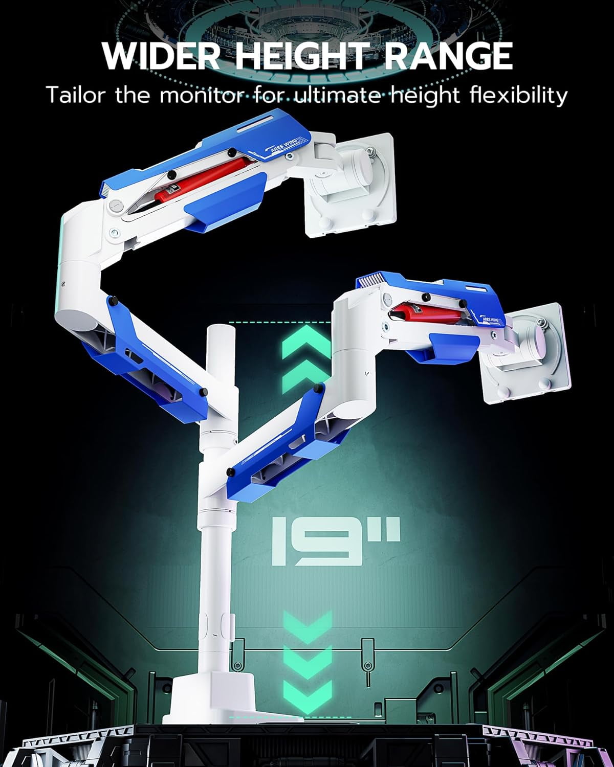 ARES WING Dual Monitor Stand, Adjustable Stacked Monitor Mount with USB A/C, Heavy Duty Gas Spring Monitor Desk Stand for 2 Monitors for 24-57 Inch Ultrawide Screen, 75/100/200 Vesa Mount, White