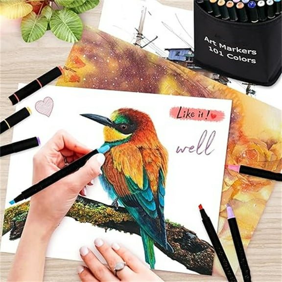 Alcohol Markers, 101 Colors Dual Tips Art Markers Pens Set, Chisel & Fine Sketch Pens, Art Supplies Kit for Artist Kids Adult Coloring Books Color, Painting, Drawing, Blending and Sketching