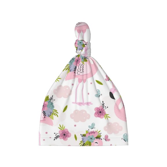 Balery Flamingo And Flowers Pattern Baby Beanie, Knotted Baby Hat, Infant Hat, Newborn Beanie, Adjustable Beanie, Baby Cap, Newborn Headwear