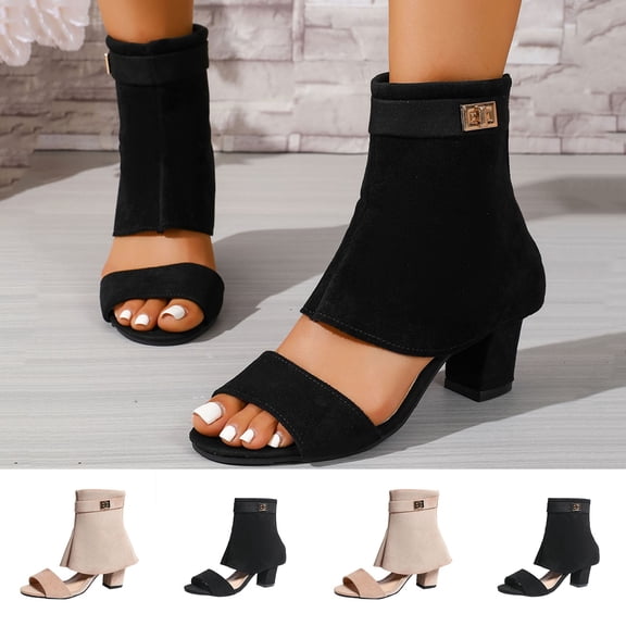 Women's Wide Width Block Heel Sandals, Breathable Suede Open Toe Ankle Boots with Metal Buckle, Comfortable Chunky Sole Dress Shoes for Party, Work, Daily Wear - Black/Beige