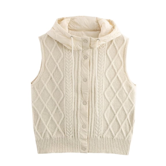 DHFJKG Sweaters For Women Outerwear Vest Knit Hooded Button Up Cardigan Vest Quilted Padded Textured-Knit Sleeveless Jacket Insulated Versatile Tops