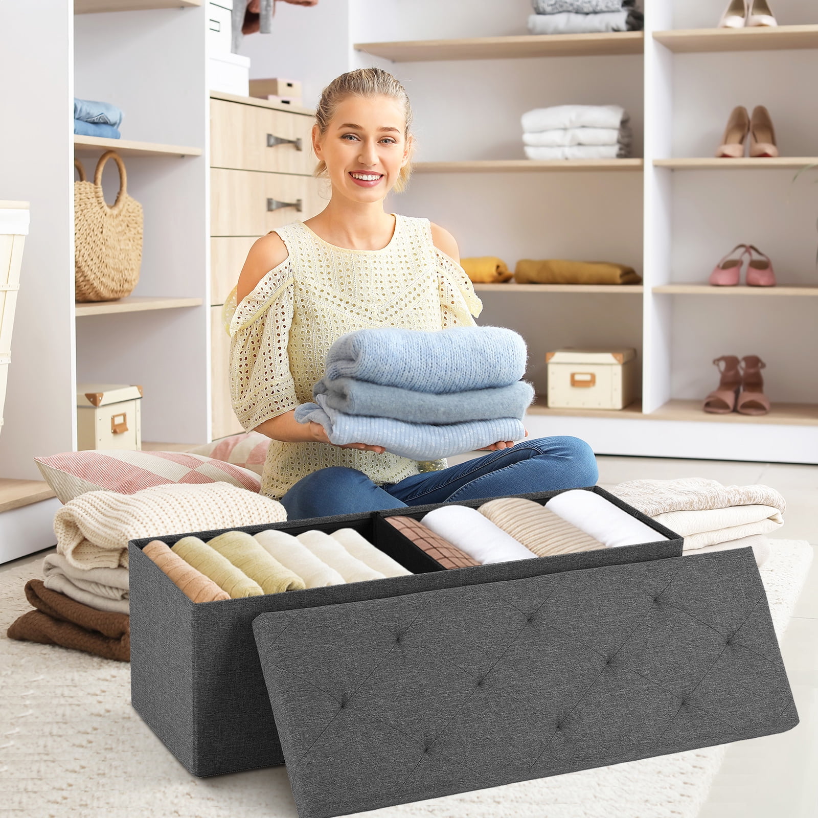 Casabay Storage Ottoman Bench, 43 Inches Foldable Storage Footrest with Padded Seat for Bedroom End of Bed, Living Room