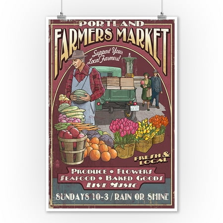 Portland, Oregon - Farmers Market Vintage Sign - Lantern Press Artwork (9x12 Art Print, Wall Decor Travel