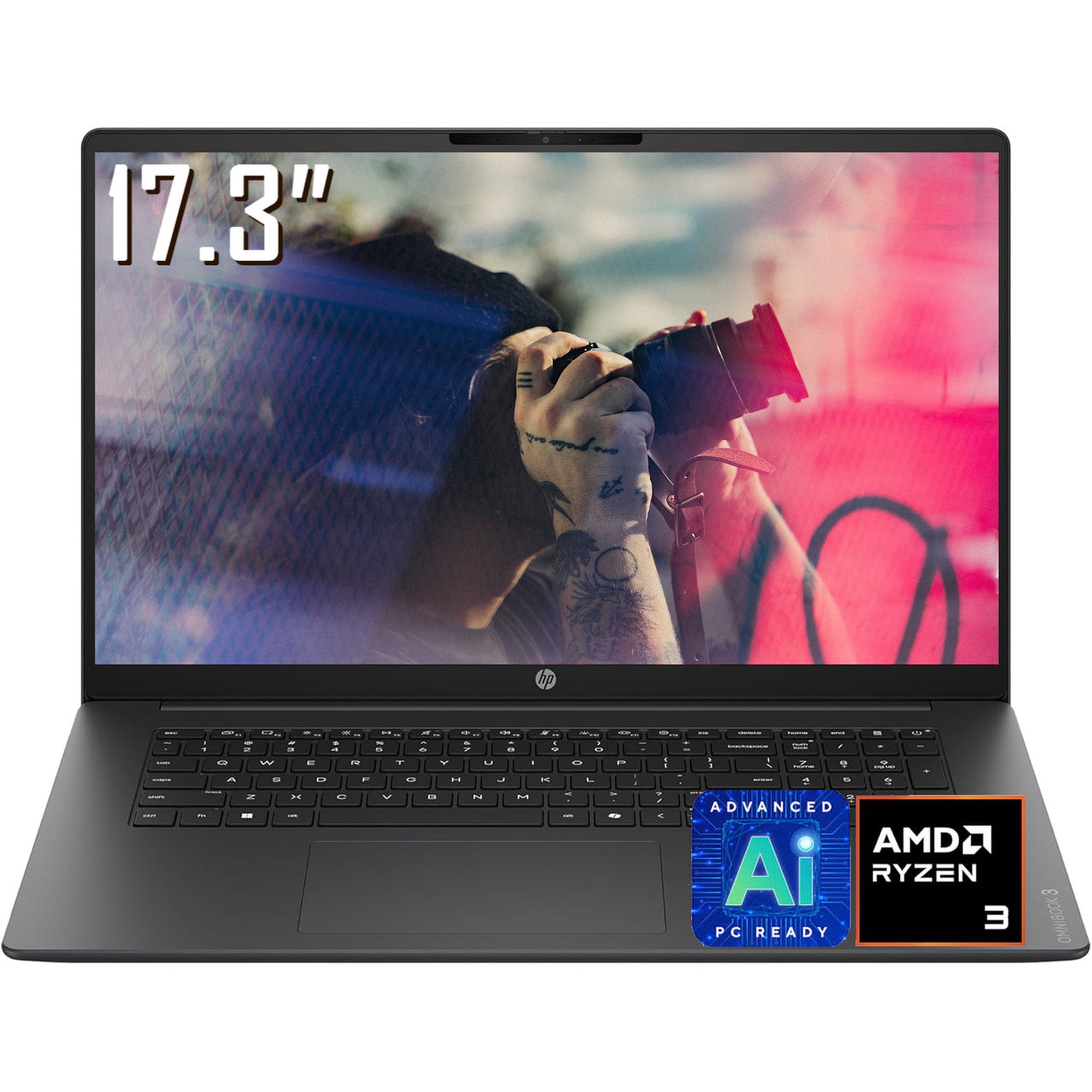 HP OmniBook 3 Laptop, 17.3" FHD 1920 x 1080 IPS LCD Display, AMD Ryzen 3 30, 1080p Webcam, Wi-Fi 6, Bluetooth 5.4, Windows 11 Home (8GB DDR5 RAM + 512GB SSD)