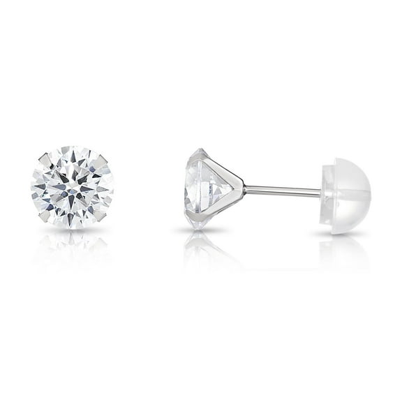 Tilo Jewelry 14K White Gold Solitaire Round CZ Stud Post Earrings with Comfortable Silicone-backs | 6mm | Classic Everyday Earrings | Women, Men, Unisex