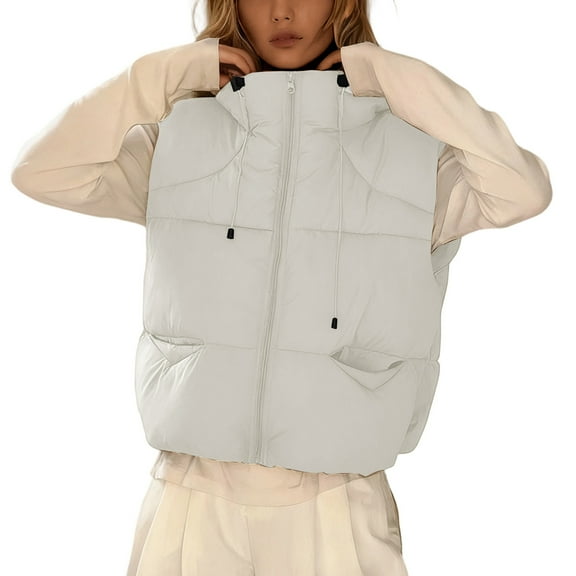 MIASHUI Autumn Winter Loose New Down Cotton Vest for Women, Petite Size Hooded Short Sleeveless Parka White,M