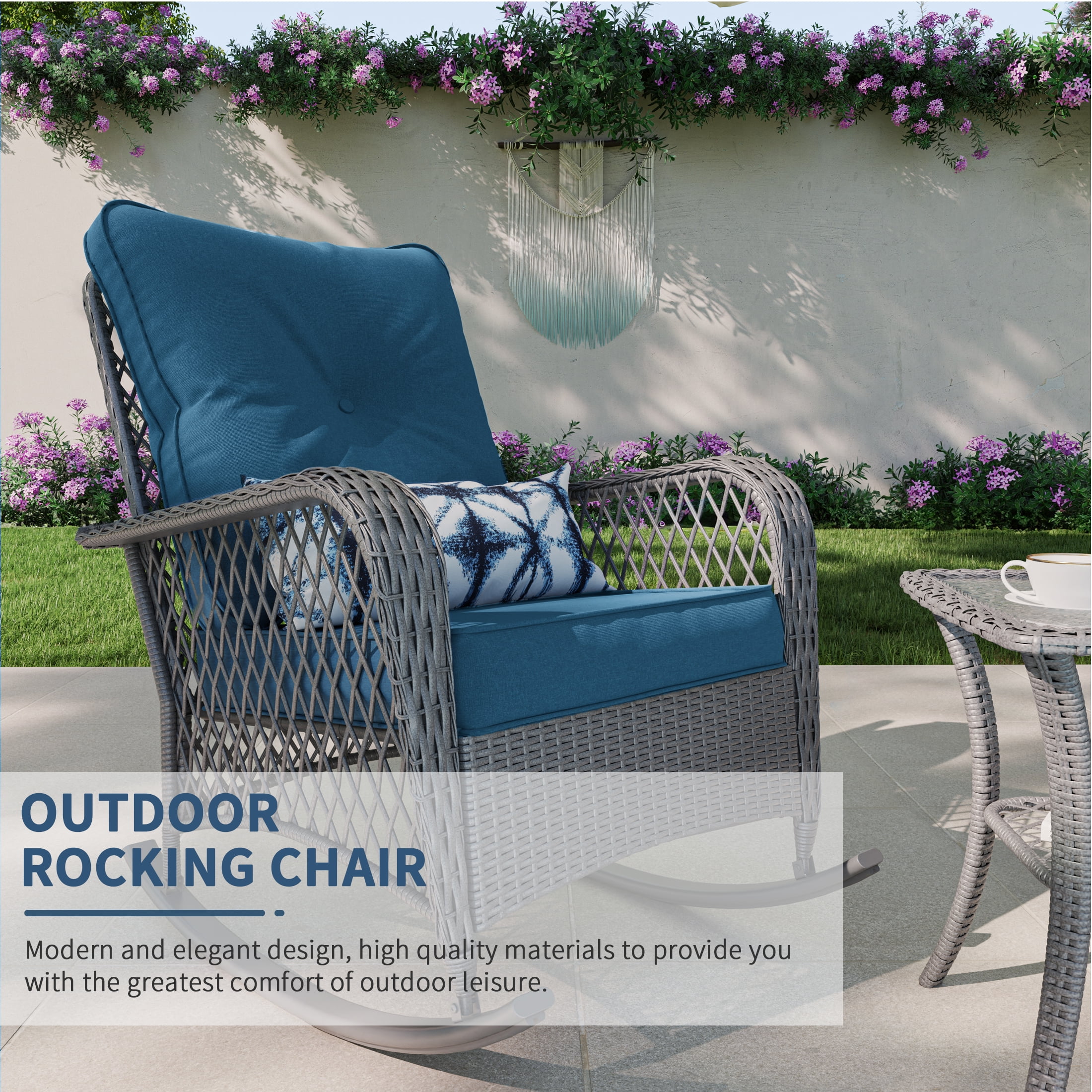 Poteban 3-Piece Outdoor Rocking Chairs, Wicker Patio Furniture with Thickened Cushions and Table for Porch (Blue)