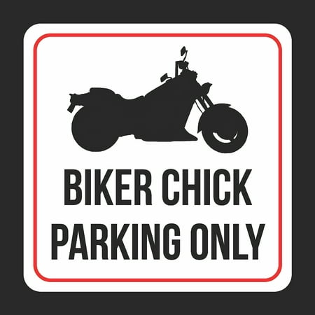 Biker Chick Parking Only Print Black And White Black Plastic Picture Symbol Square Signs, 12x12