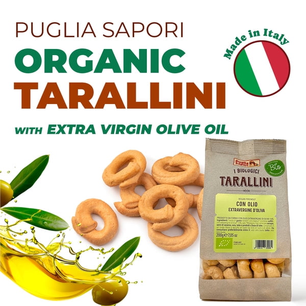Puglia Sapori Organic Tarallini with Extra Virgin Olive Oil - 7.05oz (200 g) – Traditional Italian Snack. Mini Pretzels. Oven Baked, Cholesterol Free. Vegan (Pack of 8)